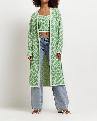 River Island GREEN FLORAL LONGLINE CARDIGAN – women’s printed long length tie waist cardigans