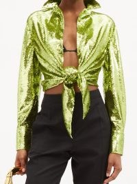 TOM FORD Liquid Sequins waist-tie top ~ green sequinned evening tops ~ women’s sequin covered front tie shirts