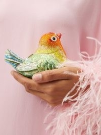 JUDITH LEIBER Love Bird crystal-embellished clutch | cute bird themed minaudières | luxury minaudière bags covered in mulricoloured crystals | luxe evening event accessories
