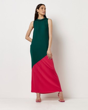RIVER ISLAND GREEN PLEATED BLOCK MAXI DRESS ~ sleeveless colourblock dresses - flipped