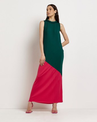 RIVER ISLAND GREEN PLEATED BLOCK MAXI DRESS ~ sleeveless colourblock dresses