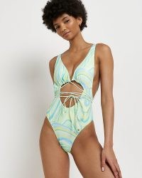 RIVER ISLAND GREEN PRINTED CUT OUT PLUNGE SWIMSUIT ~ strappy front cutout swimsuits ~ retro print swimwear