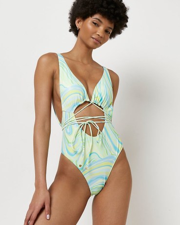 RIVER ISLAND GREEN PRINTED CUT OUT PLUNGE SWIMSUIT ~ strappy front cutout swimsuits ~ retro print swimwear - flipped