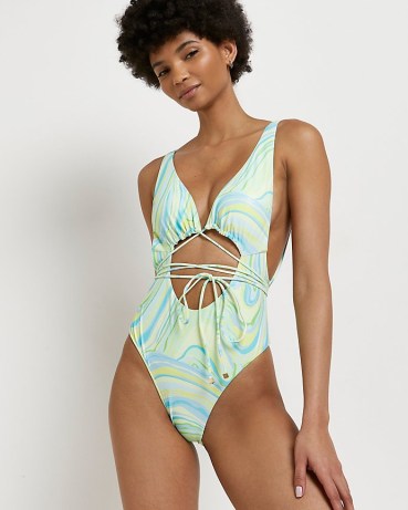 RIVER ISLAND GREEN PRINTED CUT OUT PLUNGE SWIMSUIT ~ strappy front cutout swimsuits ~ retro print swimwear