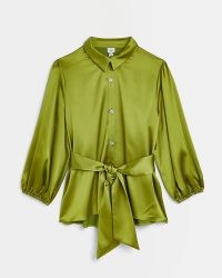 GREEN SATIN TIE WAIST SHIRT ~ women’s slinky fabric shirts