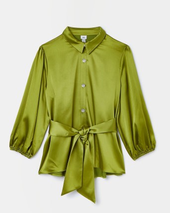 GREEN SATIN TIE WAIST SHIRT ~ women’s slinky fabric shirts - flipped
