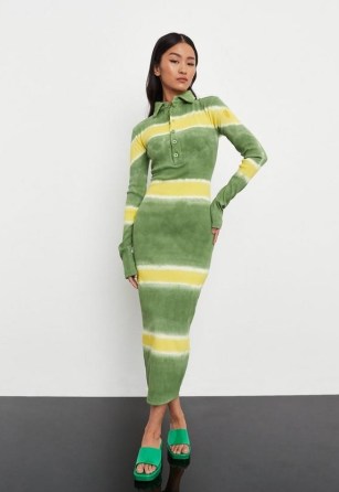 MISSGUIDED green tie dye rib button front midaxi dress ~ green and yellow striped dresses - flipped
