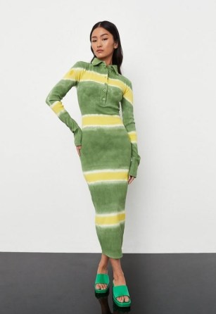 MISSGUIDED green tie dye rib button front midaxi dress ~ green and yellow striped dresses