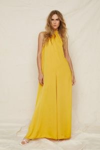 NASTY GAL Hammered Satin Low Back Wide Leg Jumpsuit Mustard ~ yellow fluid fabric halterneck jumpsuits ~ flowing evening fashion