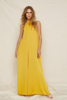 NASTY GAL Hammered Satin Low Back Wide Leg Jumpsuit Mustard ~ yellow fluid fabric halterneck jumpsuits ~ flowing evening fashion - flipped