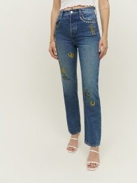 Reformation Handicraft Embroidered High Rise Straight Jeans in Juno | women’s blue motif covered denim clothes