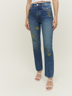 Reformation Handicraft Embroidered High Rise Straight Jeans in Juno | women’s blue motif covered denim clothes