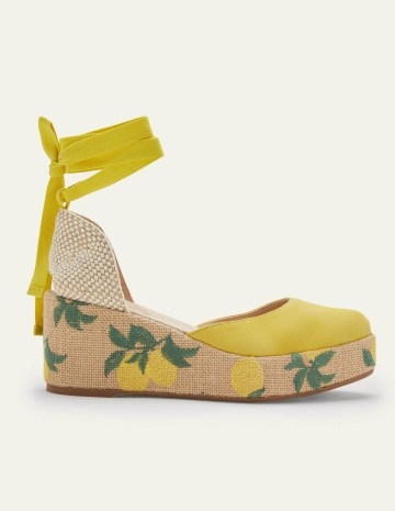 Boden High Espadrille Wedges Embroidered Lemon / yellow fruit print wedged sandals / women’s summer wedge heel espadrilles / feminine ankle tie shoes - flipped