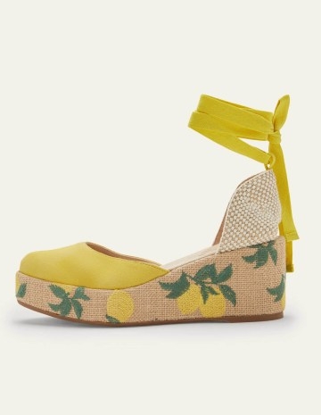 Boden High Espadrille Wedges Embroidered Lemon / yellow fruit print wedged sandals / women’s summer wedge heel espadrilles / feminine ankle tie shoes