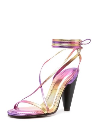 Isabel Marant Aliza metallic-effect tapered-heel sandals – strappy cone heel ankle tie sandal – glamorous multicoloured high heels - flipped