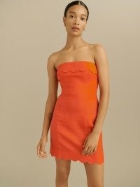 Reformation Isles Linen Dress in Flame / bright strapless scalloped edge mini dresses