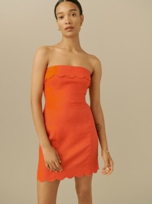 Reformation Isles Linen Dress in Flame / bright strapless scalloped edge mini dresses - flipped
