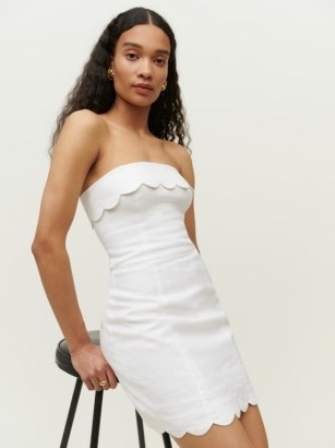 REFORMATION Isles Linen Dress in White – fitted bandeau neckline mini dresses – strapless summer fashion - flipped