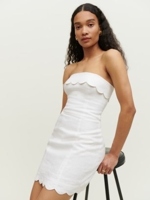 REFORMATION Isles Linen Dress in White – fitted bandeau neckline mini dresses – strapless summer fashion