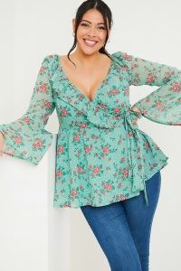 JAC JOSSA GREEN FLORAL PRINT OFF THE SHOULDER TOP WITH TIE WAIST ~ ruffled flared sleeve tops
