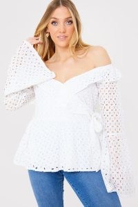 JAC JOSSA WHITE BRODERIE ANGLAISE OFF THE SHOULDER TOP WITH TIE WAIST ~ celebrity inspired bardot tops