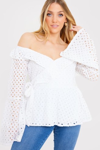 JAC JOSSA WHITE BRODERIE ANGLAISE OFF THE SHOULDER TOP WITH TIE WAIST ~ celebrity inspired bardot tops - flipped