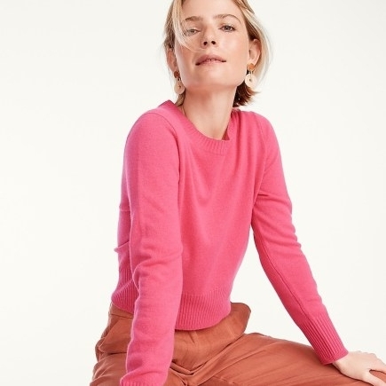 J.CREW Cropped cashmere crewneck sweater Dark Flamingo ~ pink crop hem sweaters ~ women’s bright jumpers