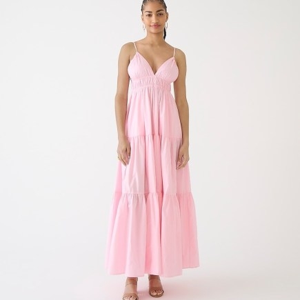J.CREW Oahu V-neck tiered dress Fresh Bouquet ~ pink cotton cami strap maxi dresses ~ strappy summer occasion fashion - flipped