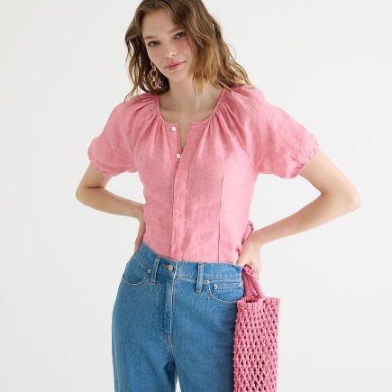 J.CREW V-back linen top ~ women’s pink button down summer tops - flipped