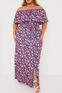 JESS MILLICHAMP PINK FLORAL BARDOT MIDAXI DRESS ~ plus size off the shoulder summer dresses ~ women’s celebrity inspired fashion