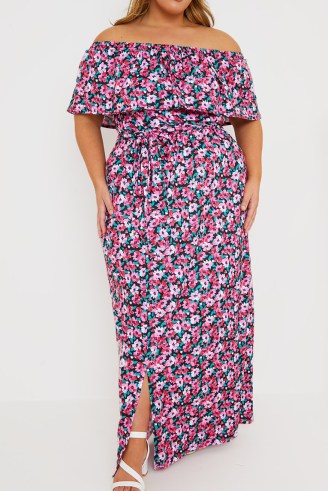 JESS MILLICHAMP PINK FLORAL BARDOT MIDAXI DRESS ~ plus size off the shoulder summer dresses ~ women’s celebrity inspired fashion - flipped
