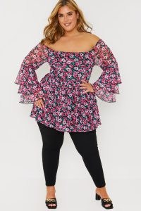JESS MILLICHAMP PINK FLORAL MESH TIERED FLARE SLEEVE BARDOT TOP ~ plus size off the shoulder tops ~ women’s feminine summer fashion