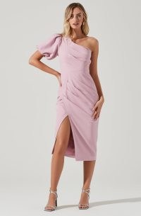 ASTR THE LABEL JOELLE ONE SHOULDER MIDI DRESS ~ pink asymmetric evening dresses ~ asymmetrical pleats ~ split hem ~ glamorous party fashion