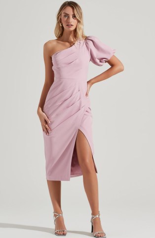 ASTR THE LABEL JOELLE ONE SHOULDER MIDI DRESS ~ pink asymmetric evening dresses ~ asymmetrical pleats ~ split hem ~ glamorous party fashion - flipped