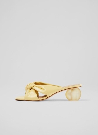 L.K. BENNETT Jolene Yellow Leather Sandals ~ lemon square toe knot front mules ~ round sculptural heels - flipped