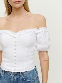 Reformation Kaden Linen Top White / feminine off the shoulder tops / bardot summer fashion / fitted bodice clothes