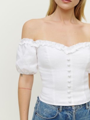 Reformation Kaden Linen Top White / feminine off the shoulder tops / bardot summer fashion / fitted bodice clothes - flipped