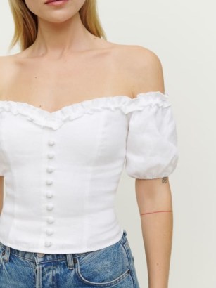 Reformation Kaden Linen Top White / feminine off the shoulder tops / bardot summer fashion / fitted bodice clothes