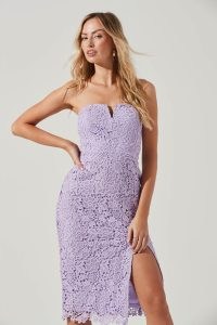 ASTR THE LABEL KALENA STRAPLESS SWEETHEART LACE MIDI DRESS in Lavender ~ feminine floral bodycon ~ lilac fitted party dresses