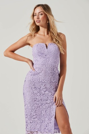 ASTR THE LABEL KALENA STRAPLESS SWEETHEART LACE MIDI DRESS in Lavender ~ feminine floral bodycon ~ lilac fitted party dresses