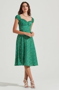 ASTR THE LABEL KEEPSAKE FLORAL SWEETHEART NECK PUFF SLEEVE MIDI DRESS ~ green ruched bust summer dresses