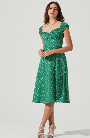 ASTR THE LABEL KEEPSAKE FLORAL SWEETHEART NECK PUFF SLEEVE MIDI DRESS ~ green ruched bust summer dresses - flipped