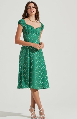 ASTR THE LABEL KEEPSAKE FLORAL SWEETHEART NECK PUFF SLEEVE MIDI DRESS ~ green ruched bust summer dresses