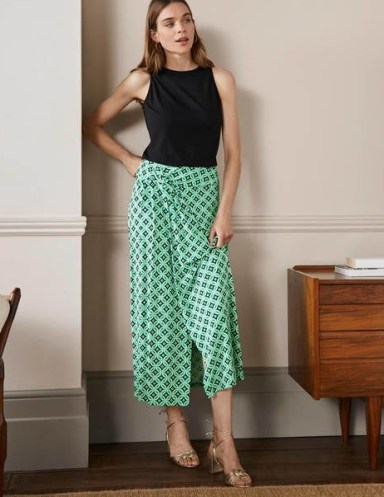 Boden Knot Waist Jersey Midi Skirt Green Lagoon Diamond Trance ~ printed wrap style summer skirts - flipped