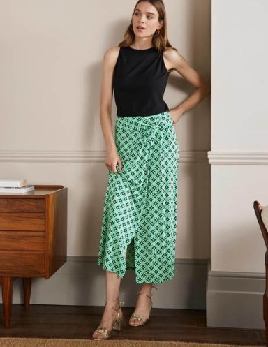 Boden Knot Waist Jersey Midi Skirt Green Lagoon Diamond Trance ~ printed wrap style summer skirts