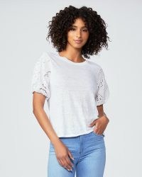 PAIGE Laura Top in White | white linen crew neck tee with crochet puff sleeves | casual puffed sleeved tops