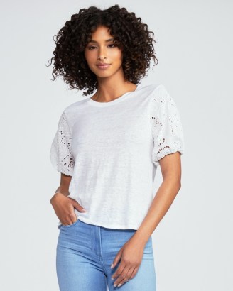 PAIGE Laura Top in White | white linen crew neck tee with crochet puff sleeves | casual puffed sleeved tops - flipped
