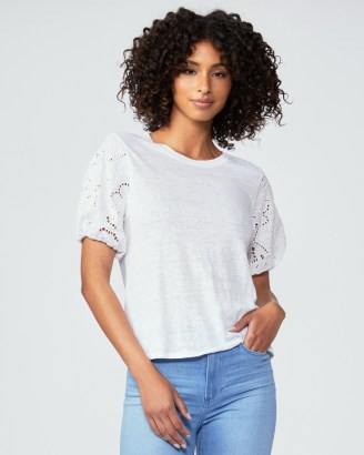 PAIGE Laura Top in White | white linen crew neck tee with crochet puff sleeves | casual puffed sleeved tops