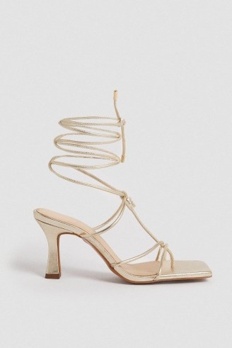 KAREN MILLEN Leather Ankle Tie Heeled Sandal / gold strappy square toe sandals - flipped