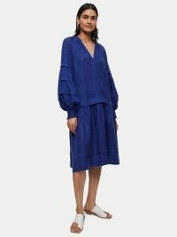 JIGSAW Light Linen Pleat Sleeve Short Dress Blue / women’s long balloon sleeved summer dresses